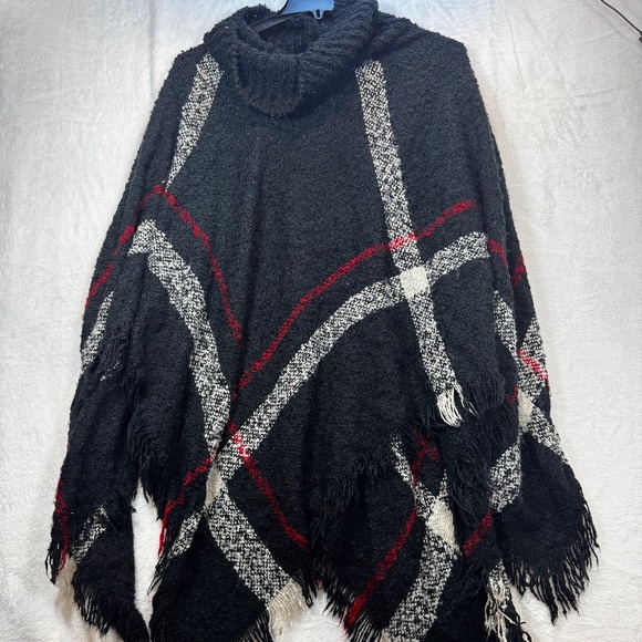 Olivia Sky Poncho Womens Size 2X Turtleneck Black Striped Cabincore Comfy Soft - Picture 1 of 6